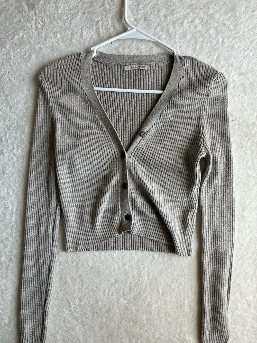 Active USA Cropped Ribbed V-Neck Button Cardigan - Taupe